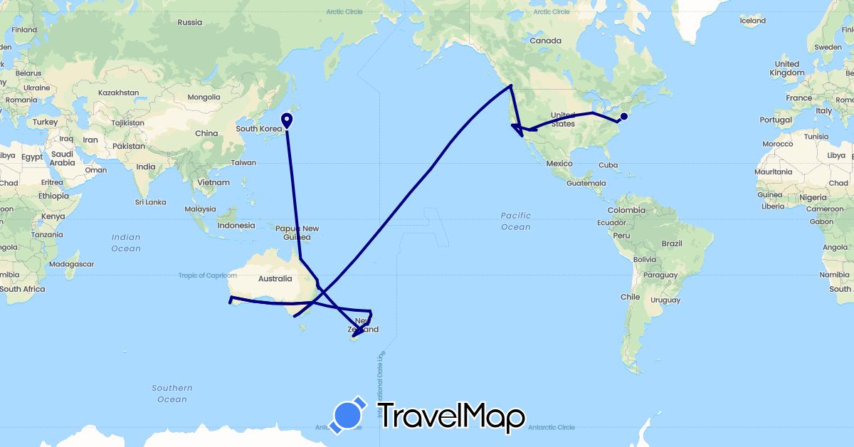 TravelMap itinerary: driving in Australia, Canada, Japan, New Zealand, United States (Asia, North America, Oceania)